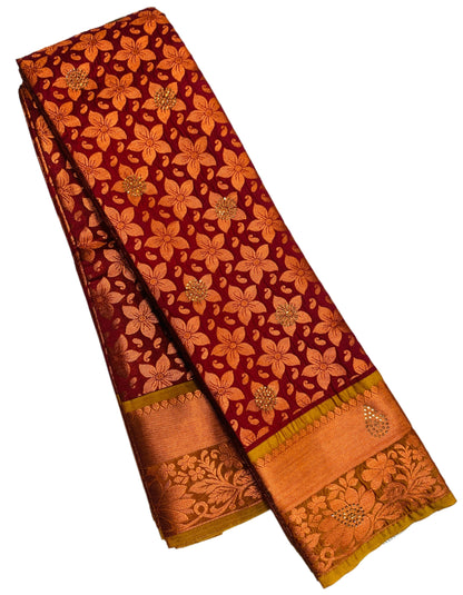 Vegan Silk Saree Brown Colour with Copper and Golden Yellow Border