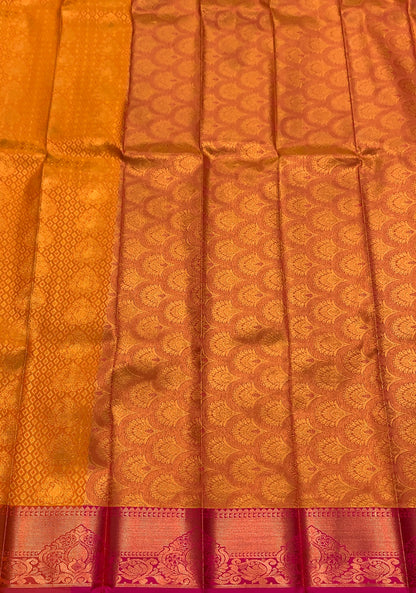 Vegan Silk Saree Golden Colour with Pink and Copper Floral Border