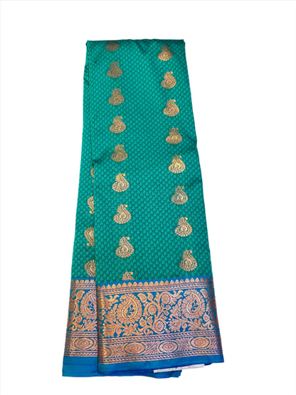 Vegan Silk Saree Rama Green Colour with Blue Border