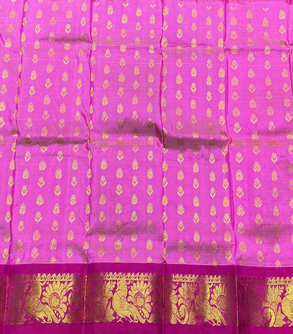 Pink Shade Pure Kanchipuram Kids Pattu Pavadai with Contrast Border for Newborn to 2 Years