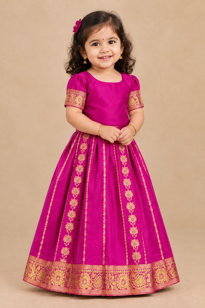 Light Pink Shade Semi Silk Kids Pattu Pavadai with Contrast border for Age 2 to 5 Years