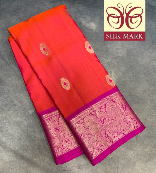 Pure Kanchipuram Silk Saree Peachish Pink Colour with Pink Border