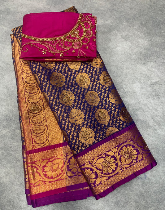 Bridal Vegan Silk Saree Violet shade with Purple Border with Unstitched blouse in Aari Work