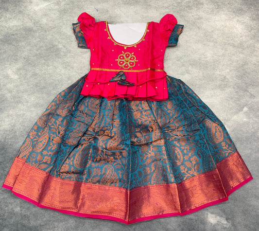 Ready To Wear Sky Blue Pavadai with Contrast Pink Blouse