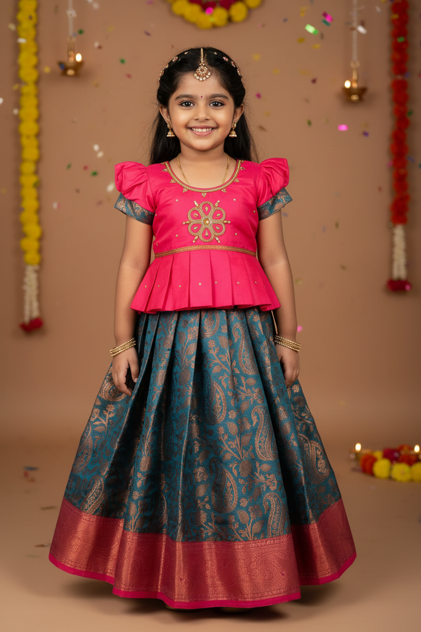 Ready To Wear Sky Blue Pavadai with Contrast Pink Blouse