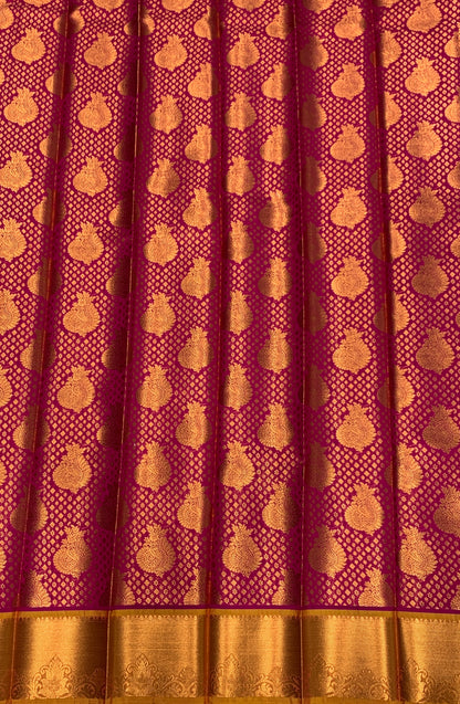 Vegan Silk Saree Pink Colour with Copper and Golden Yellow Border