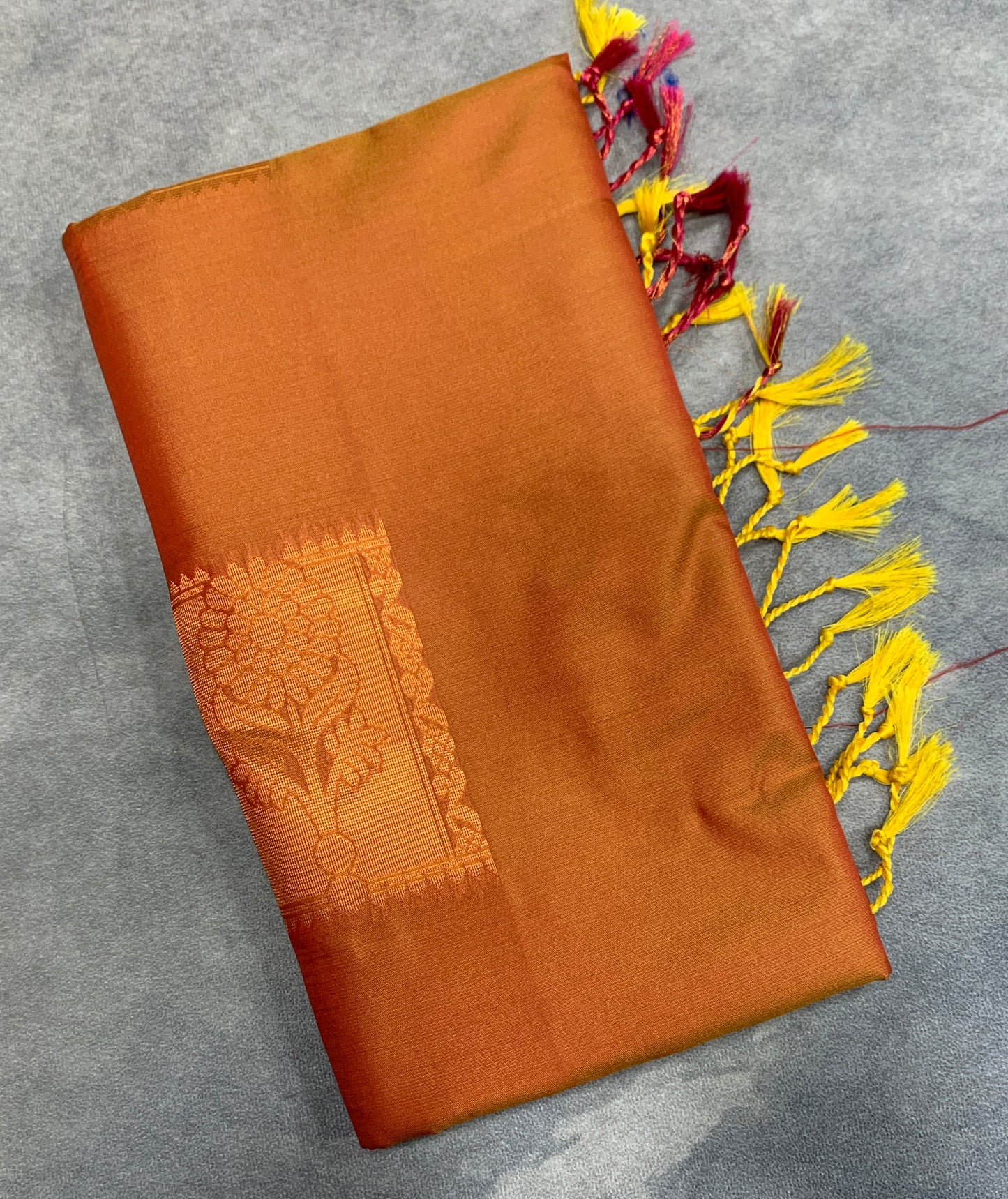Soft Vegan Silk Saree Russet Orange Colour with Magenta and Copper Border