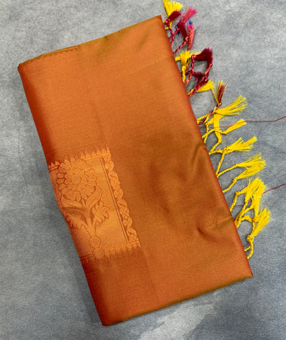 Soft Vegan Silk Saree Russet Orange Colour with Magenta and Copper Border