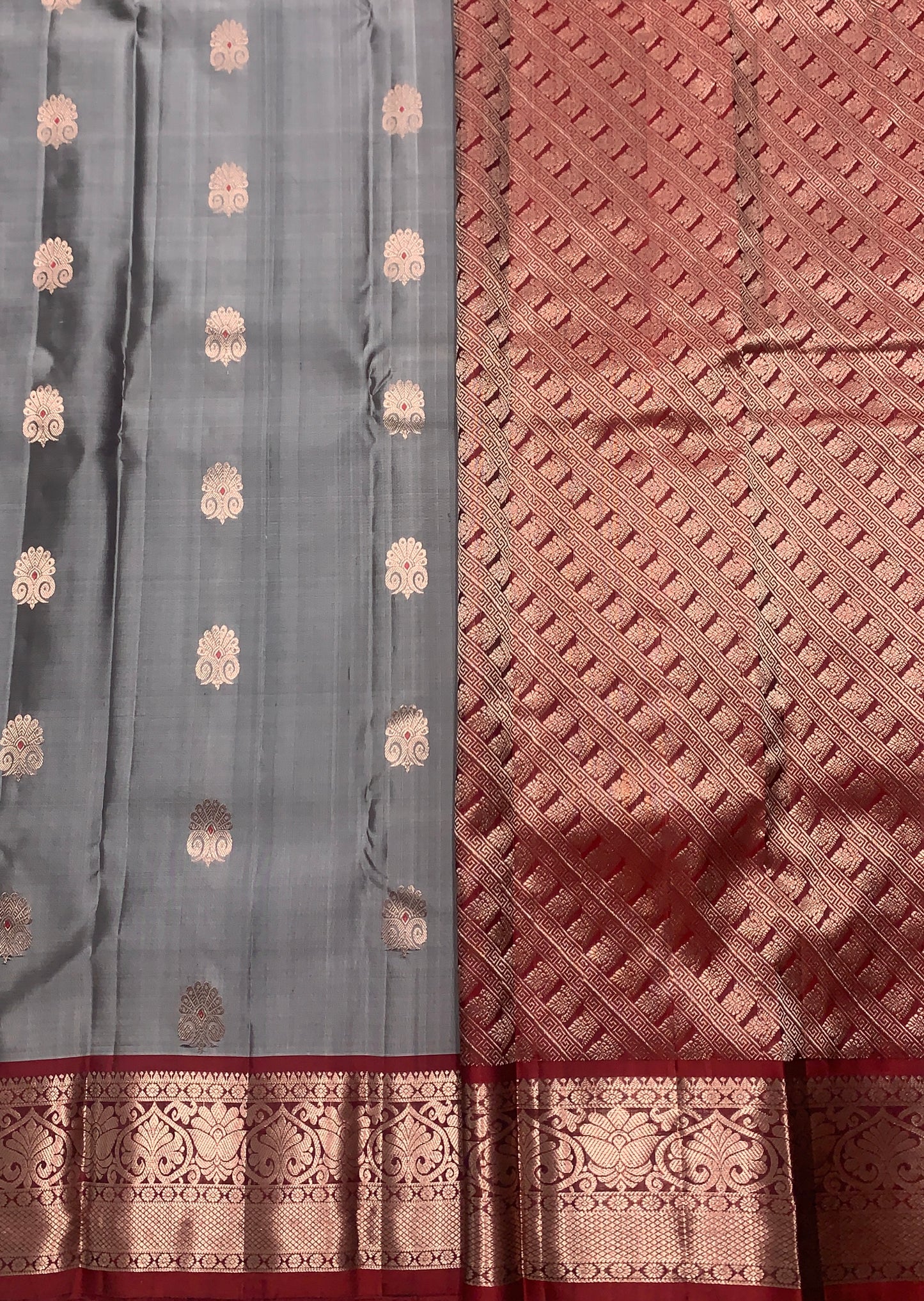 Pure Kanchipuram Silk Saree Gray Colour with Maroon Border