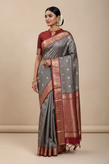 Pure Kanchipuram Silk Saree Gray Colour with Maroon Border