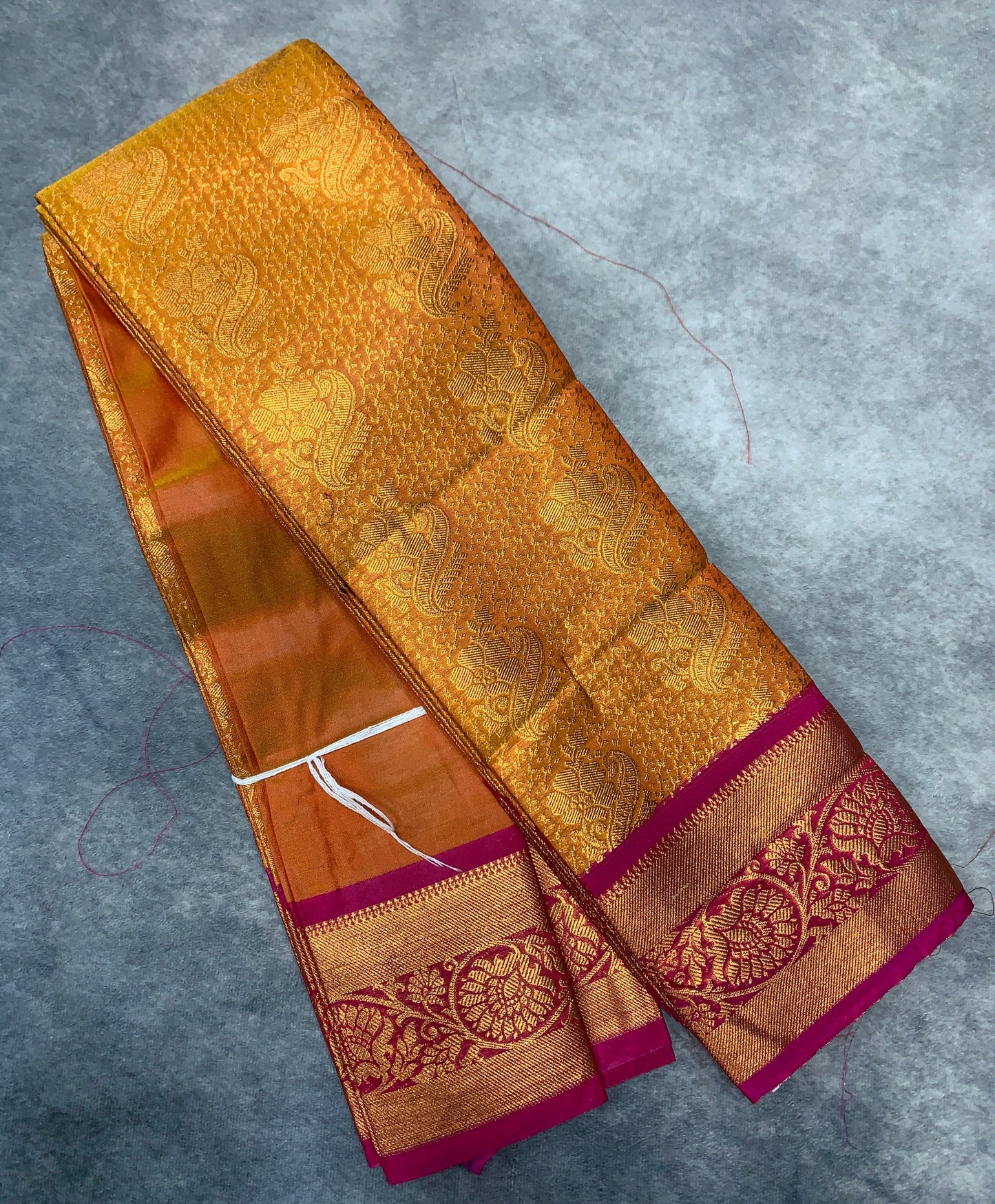 Vegan Silk Saree Golden Yellow Colour with Copper and Pink Border