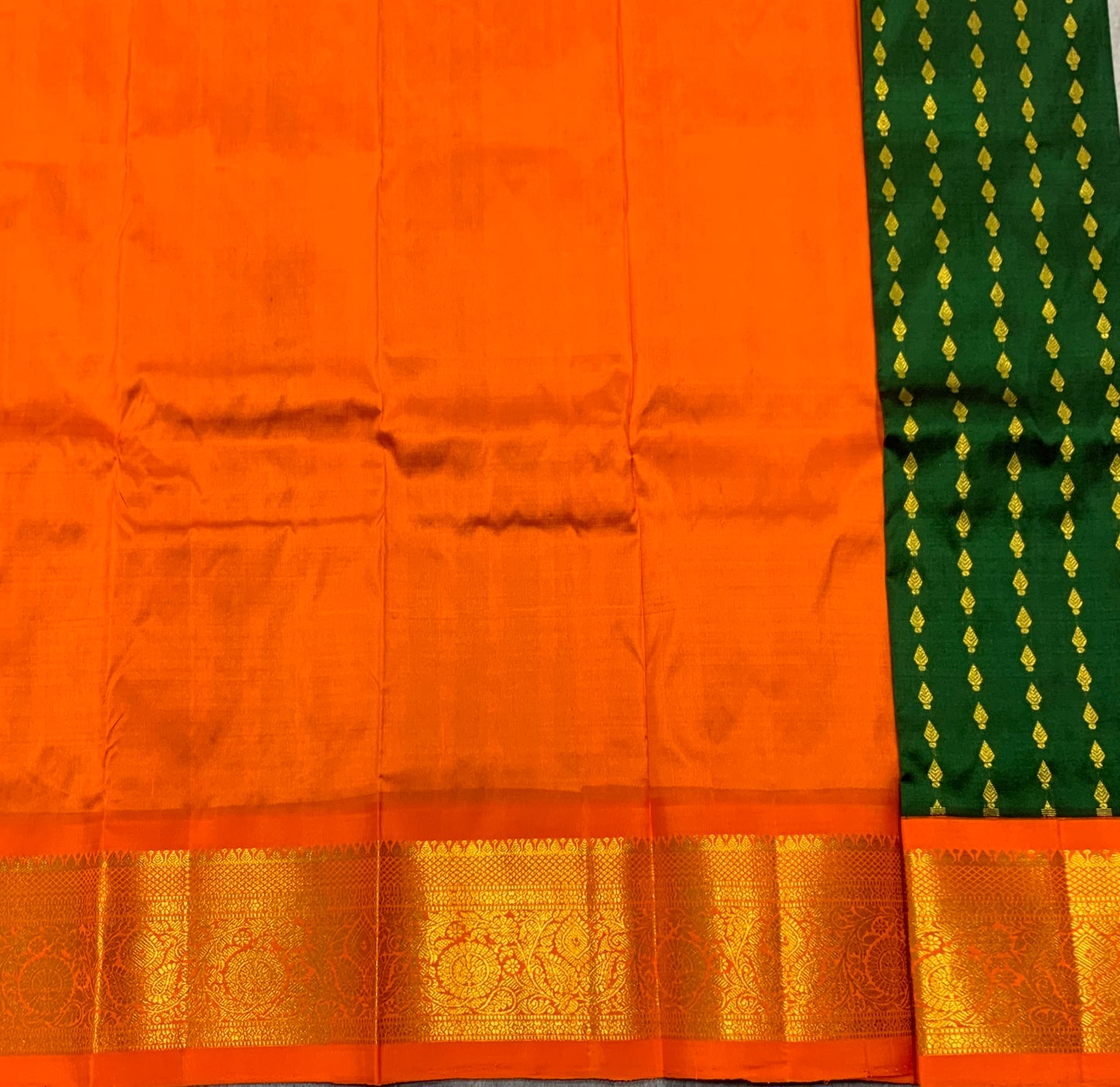 Green Shade Pure Kanchipuram Kids Pattu Pavadai with Contrast Border for Newborn to 2 Years