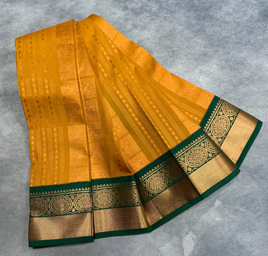 Vegan Silk Saree Mustard Colour Saree with Green Colour Contrast Border