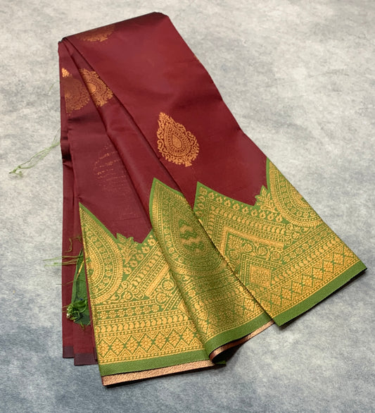 Maroon Colour Art Silk Saree with Olive Green Border