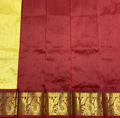 Lime Yellow Shade Pure Kanchipuram Kids Pattu Pavadai with Contrast Border for Newborn to 2 Years