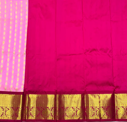 Rose Milk Colour Pure Kanchipuram Kids Pattu Pavadai with Contrast border for age 2 to 5