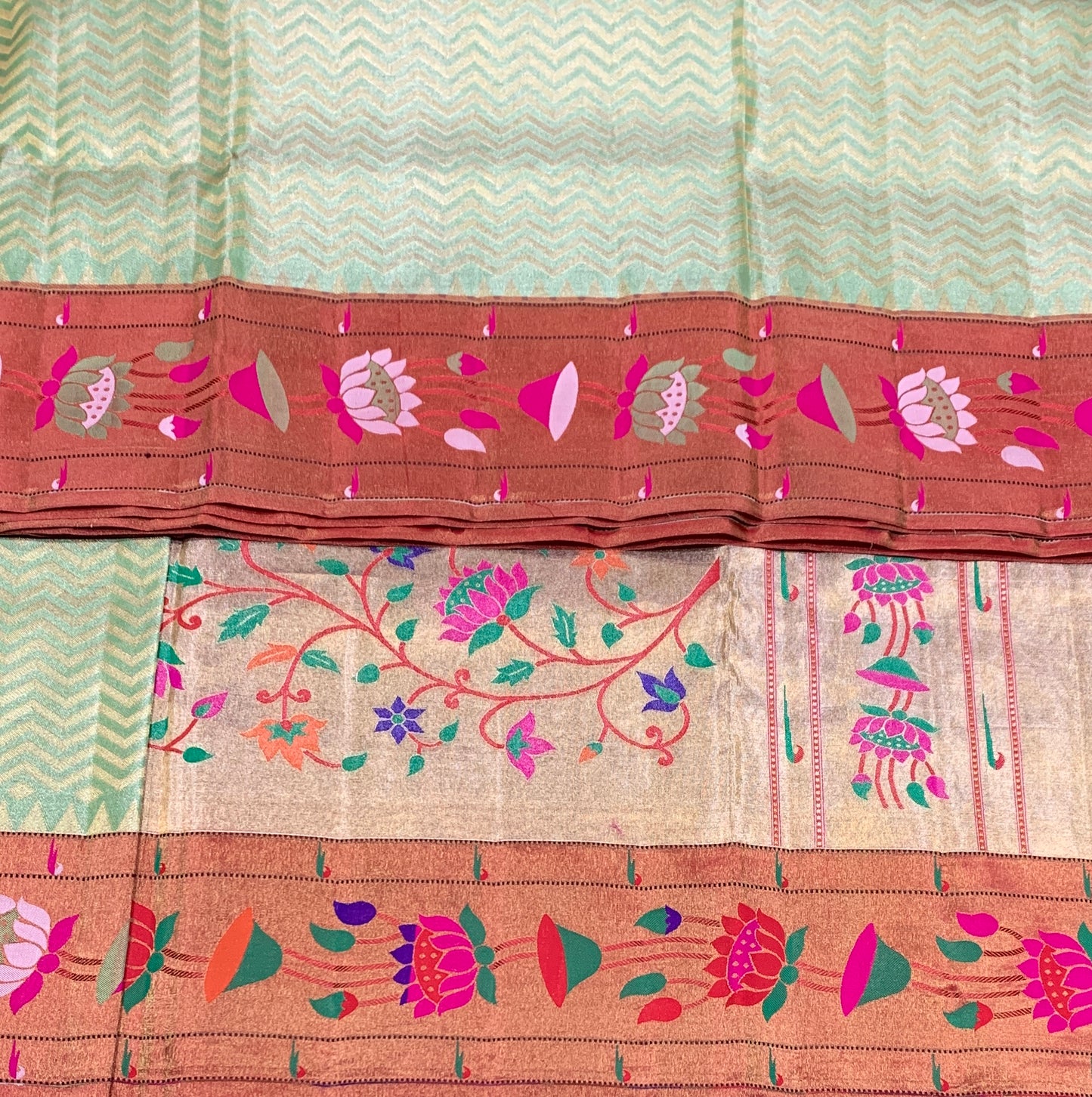 Paithani Pure Silk Saree Apple Green Colour with Copper Colour and Floral Design (Pre Order Available)