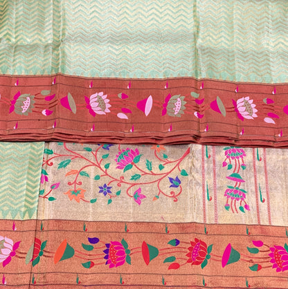 Paithani Pure Silk Saree Apple Green Colour with Copper Colour and Floral Design (Pre Order Available)