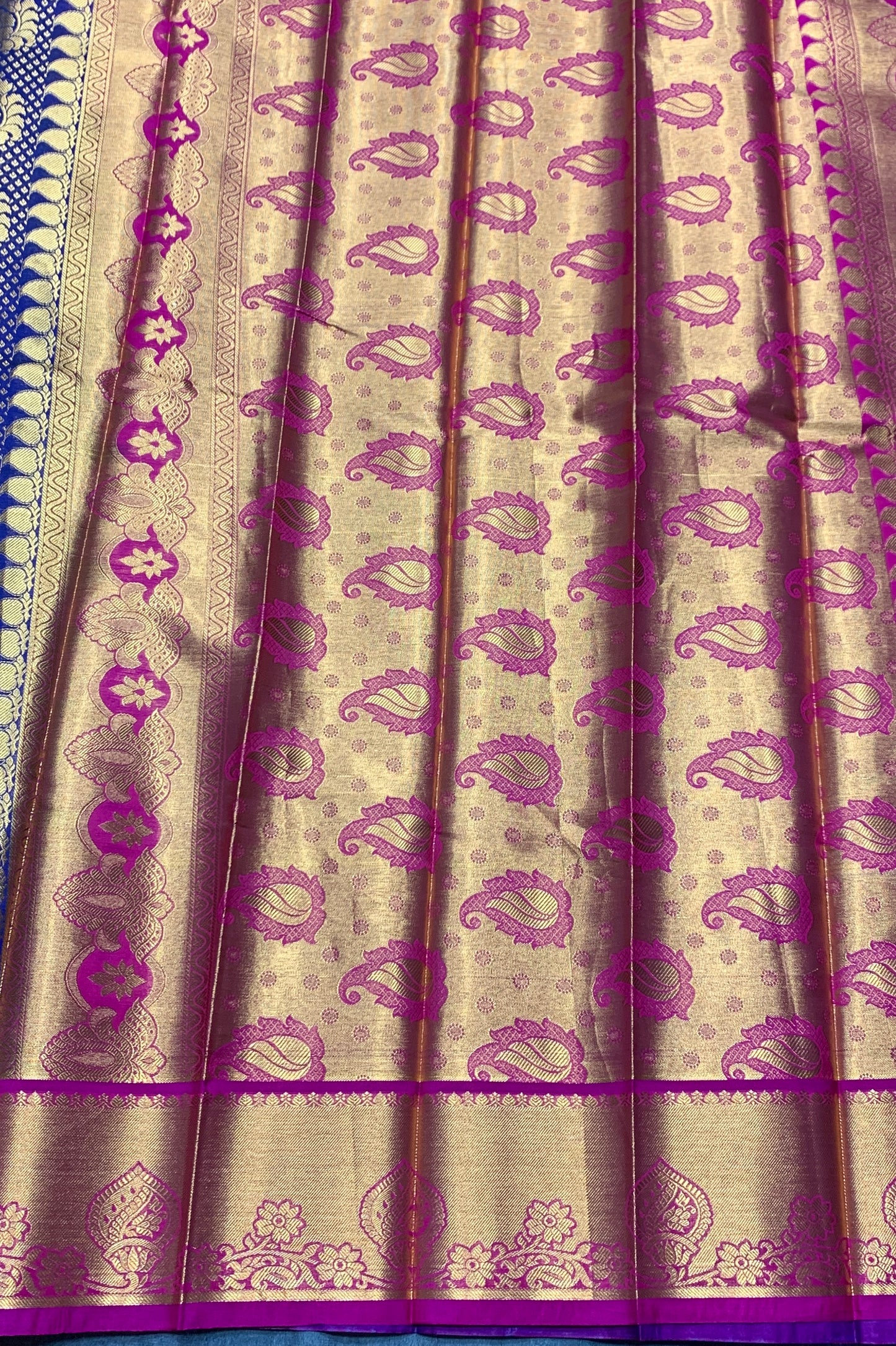 Vegan Silk Saree Blue Colour with Magenta and Copper Border