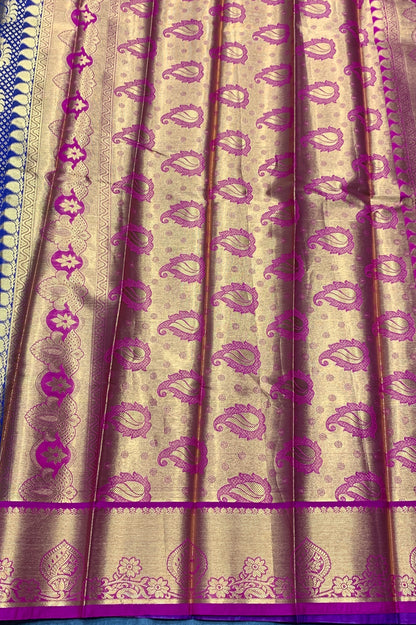 Vegan Silk Saree Blue Colour with Magenta and Copper Border