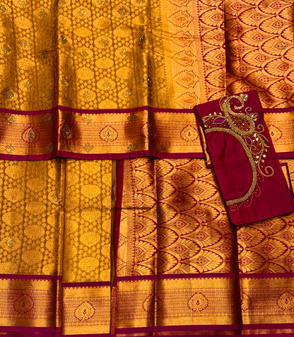 Bridal Vegan Silk Saree Mustard shade with Pink Border with Unstitched blouse in Aari work