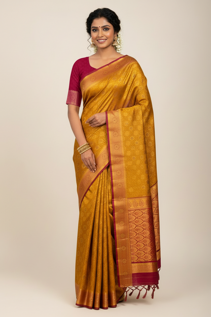 Bridal Vegan Silk Saree Mustard shade with Pink Border with Unstitched blouse in Aari work