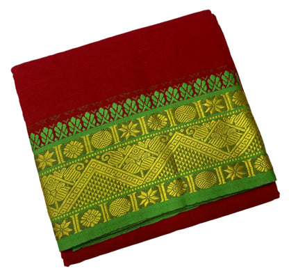 9X5 Cotton Dhoti Red Colour with Green and Blue Border