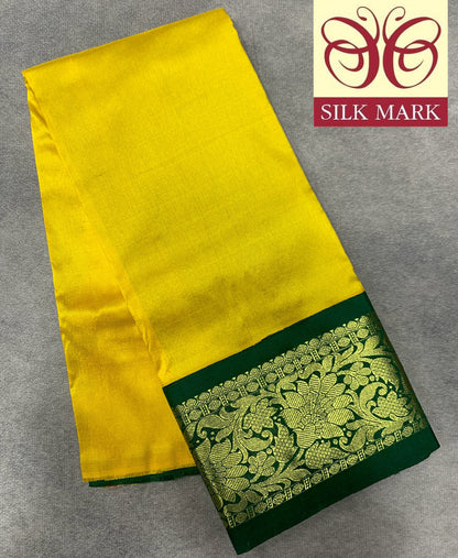 Lemon Yellow Shade Pure Kanchipuram Kids Pattu Pavadai with Contrast Border for Newborn to 2 Years