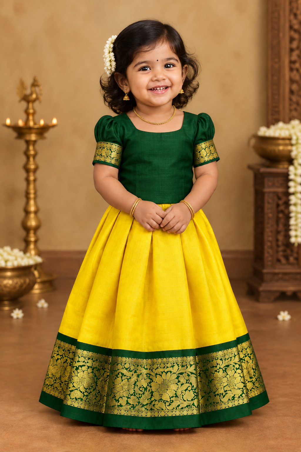 Lemon Yellow Shade Pure Kanchipuram Kids Pattu Pavadai with Contrast Border for Newborn to 2 Years