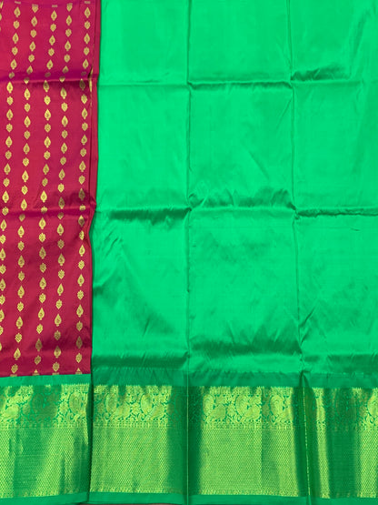 Red shade Pure Kanchipuram Kids Pattu Pavadai with Contrast Border for age 5 to 10