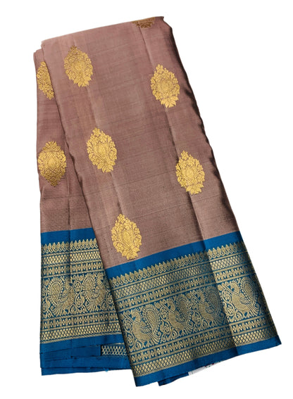 Pure Kanchipuram Silk Chocolate Brown Colour with Sky Blue Border