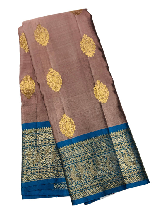 Pure Kanchipuram Silk Chocolate Brown Colour with Sky Blue Border