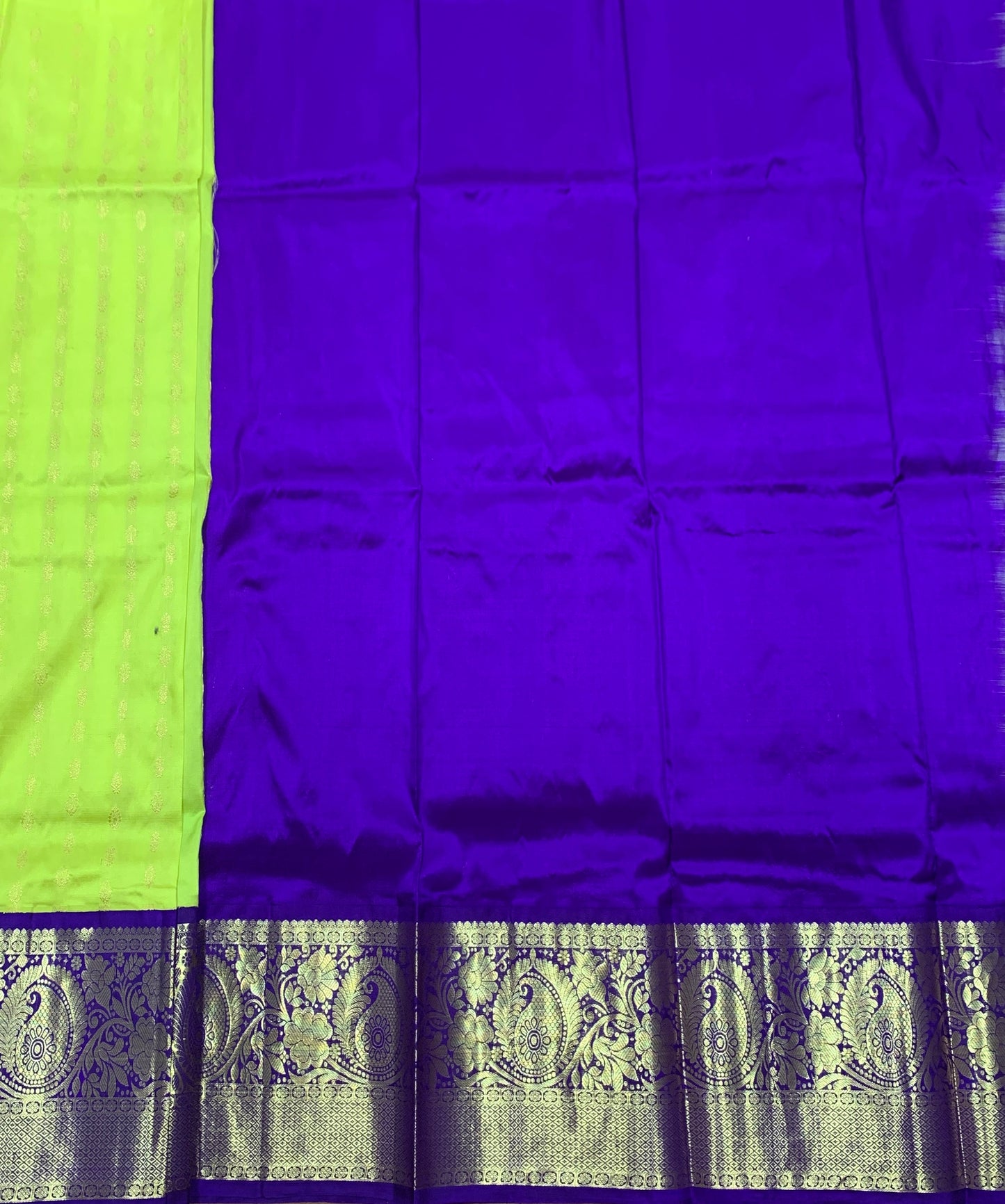 Lime Green shade Pure Kanchipuram Kids Pattu Pavadai with Contrast Border for age 5 to 10