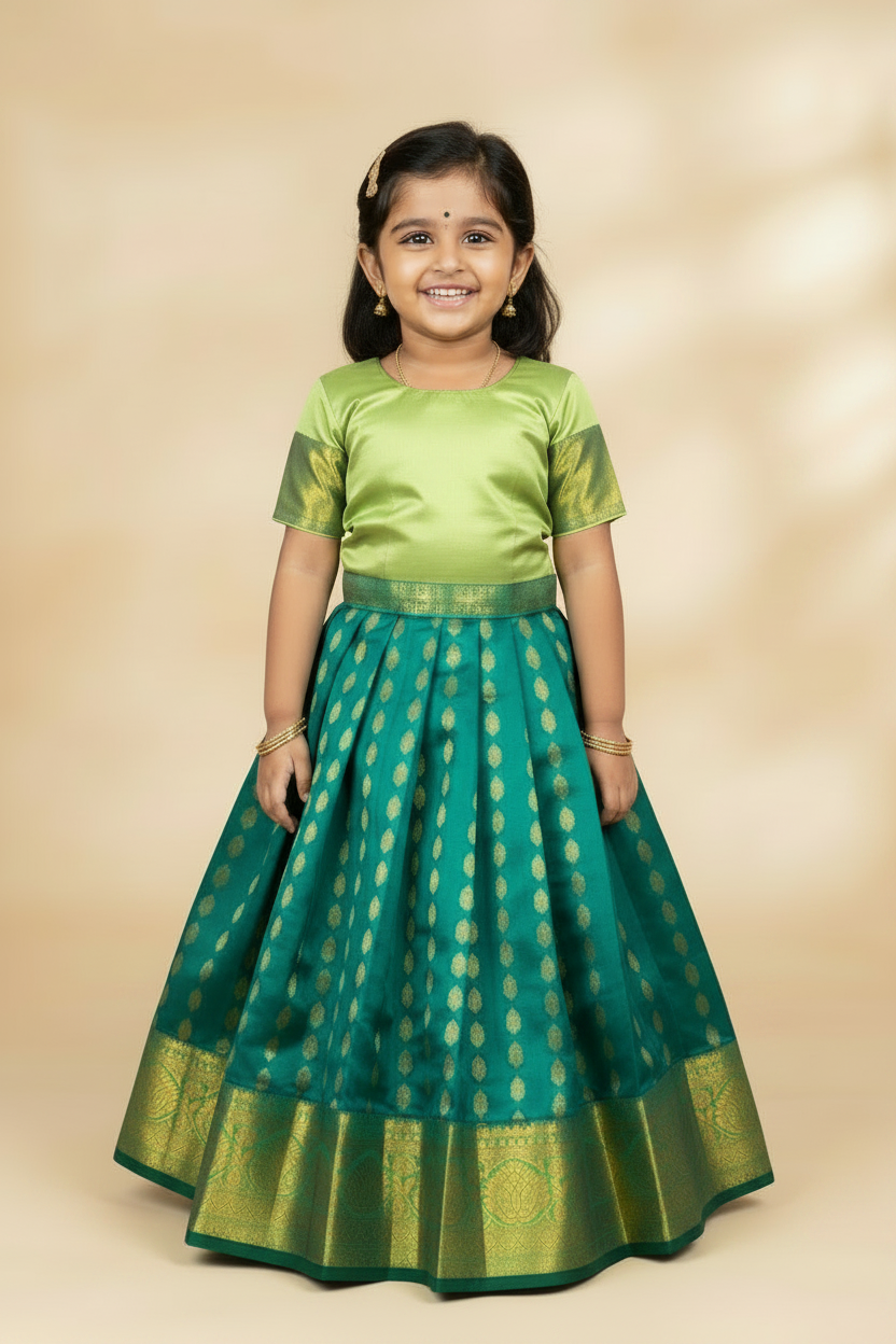 Rama Green Shade Pure Kanchipuram Kids Pattu Pavadai with Contrast Border for Newborn to 2 Years