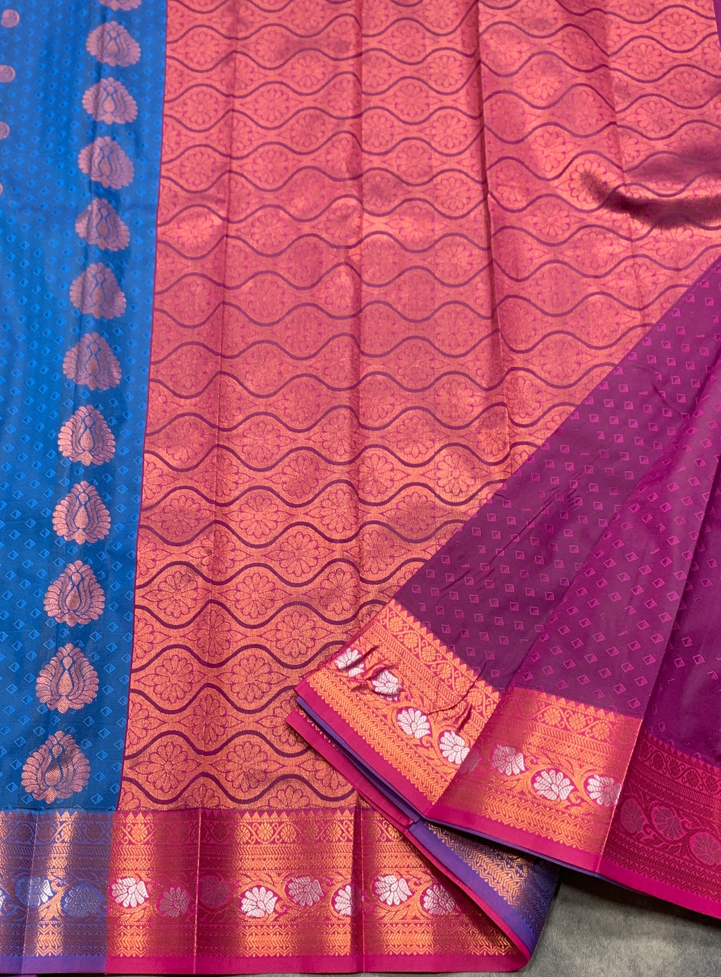 Vegan Silk Saree Aqua Blue Colour Saree with Copper and Floral Design