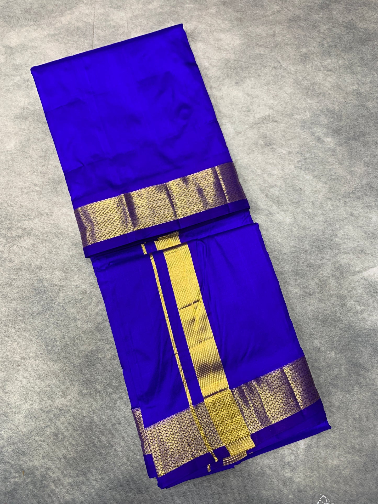9X5 Pure Silk Dhoti Ink Blue with Large Golden Zari Border