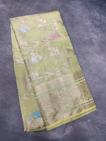 Meenakari Banaras Tissue Silk Saree Pastel Lime Green Colour