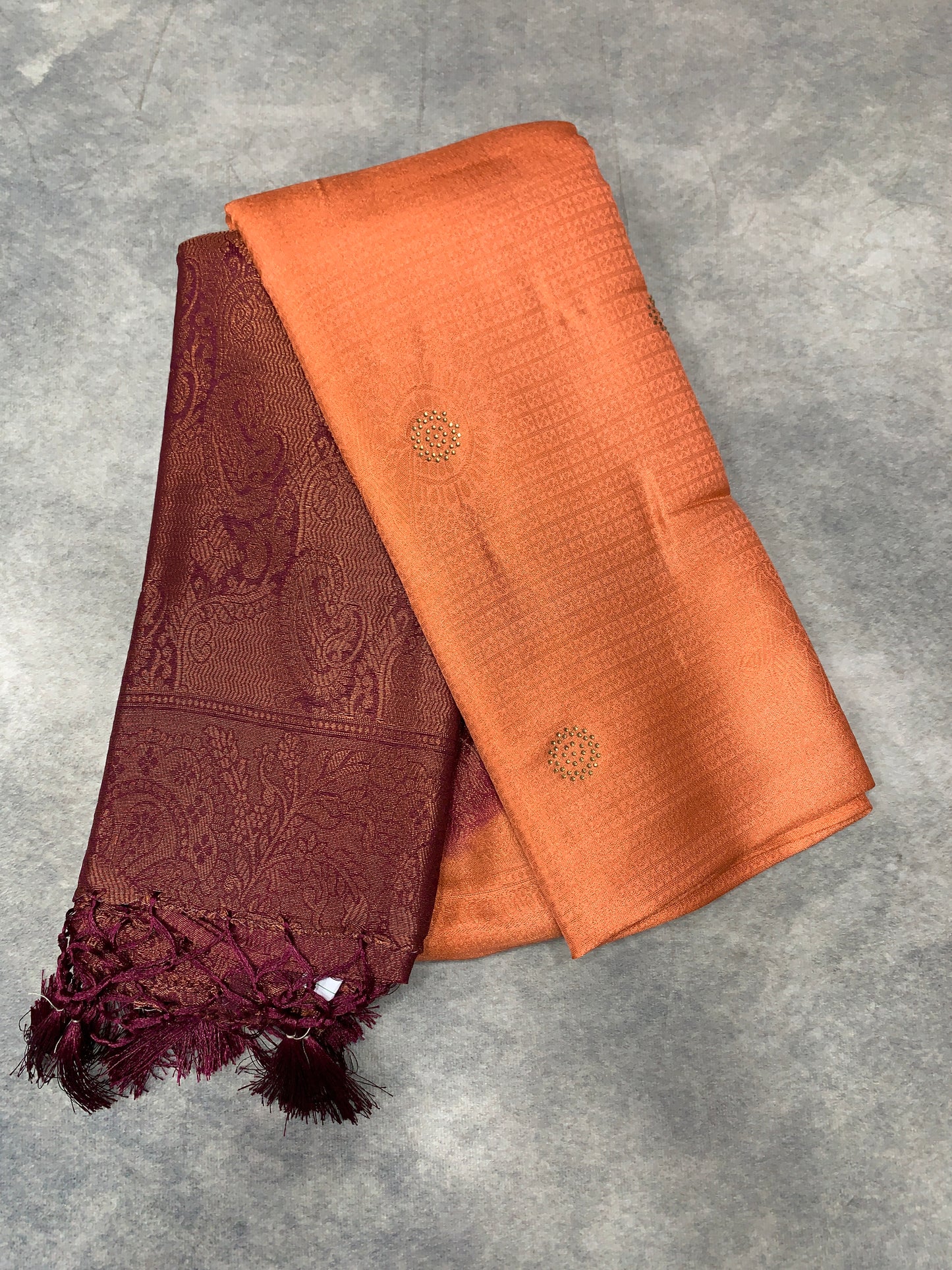 Soft Silk Saree Peach Colour and Stone Work with Brown Colour Pallu