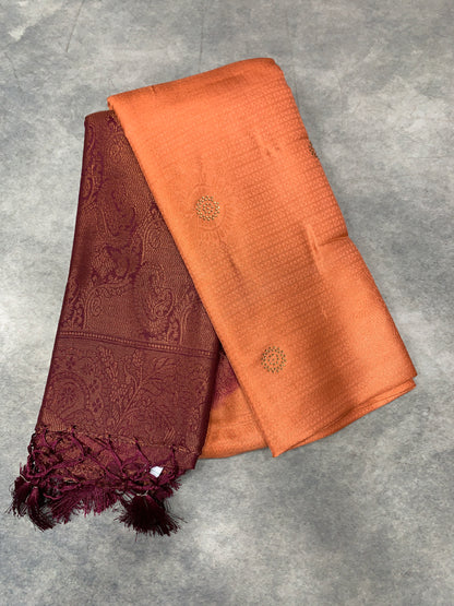 Soft Silk Saree Peach Colour and Stone Work with Brown Colour Pallu