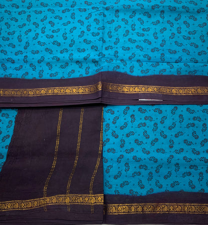 9 yards Cotton Saree Rama Blue Colour with Brown Border