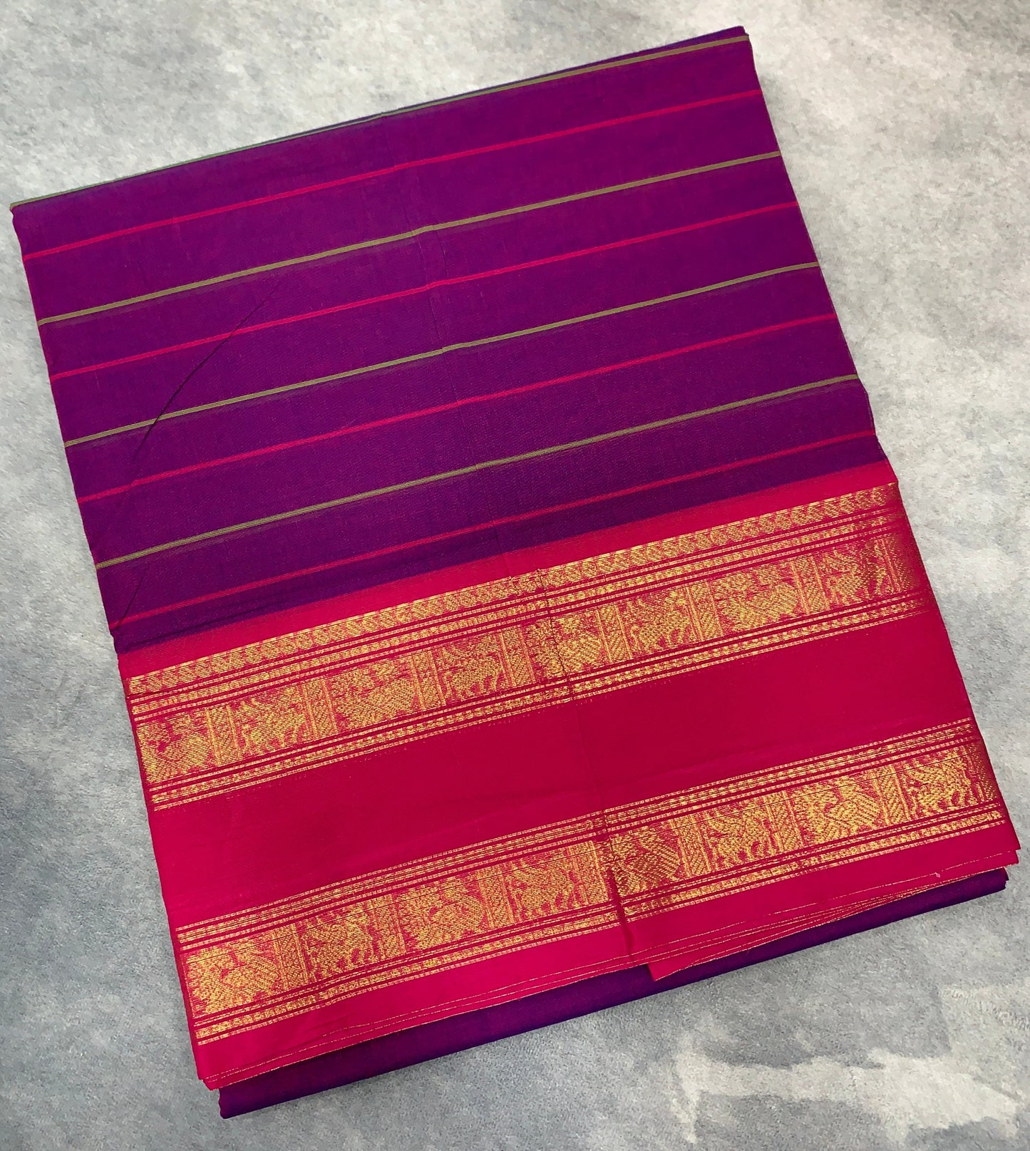 Chettinad Cotton Saree Purple Colour with Pink Rettai Pettu Border