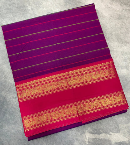 Chettinad Cotton Saree Purple Colour with Pink Rettai Pettu Border