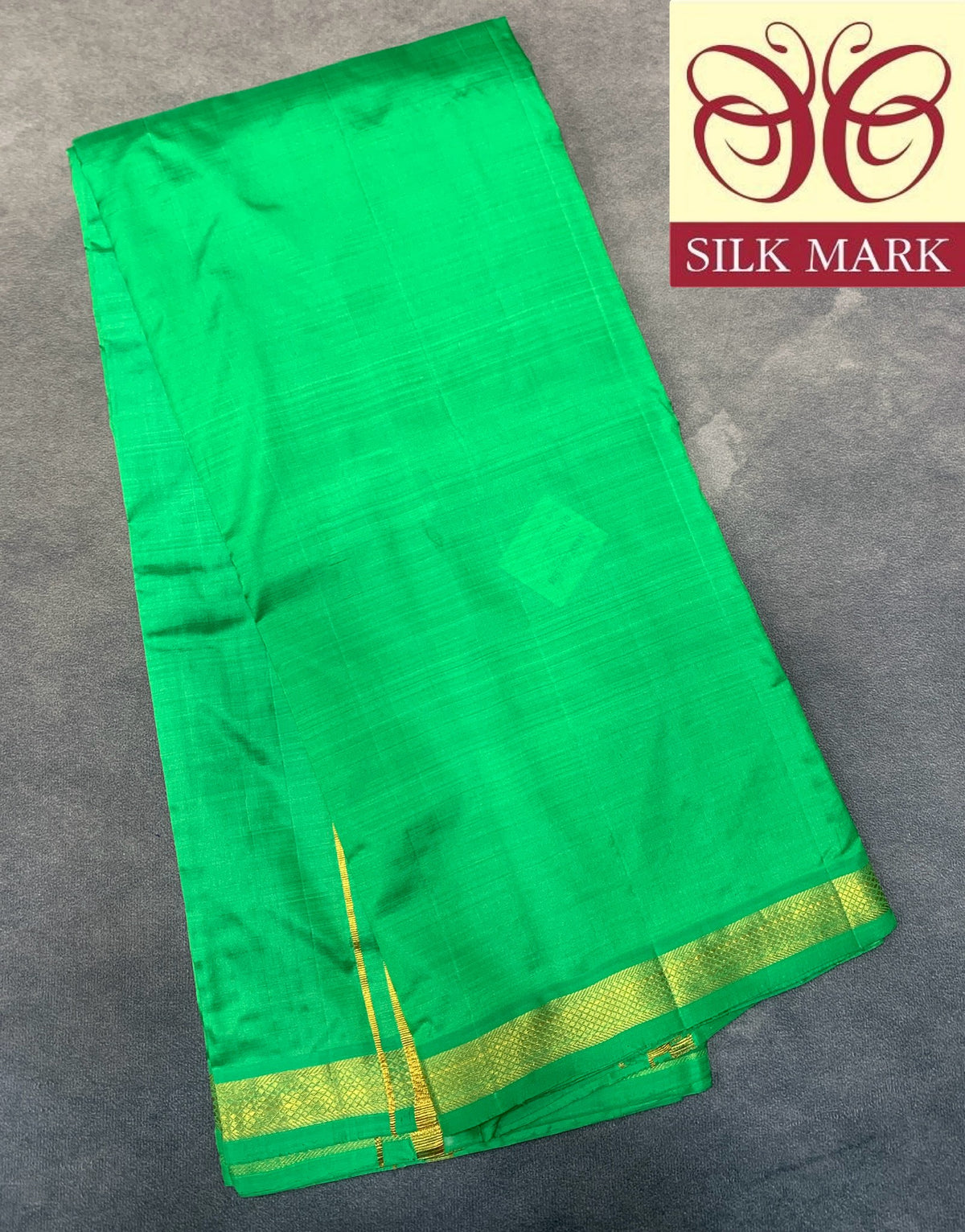 9X5 Pure Silk Dhoti Parrot Green Colour with Small Golden Zari Border
