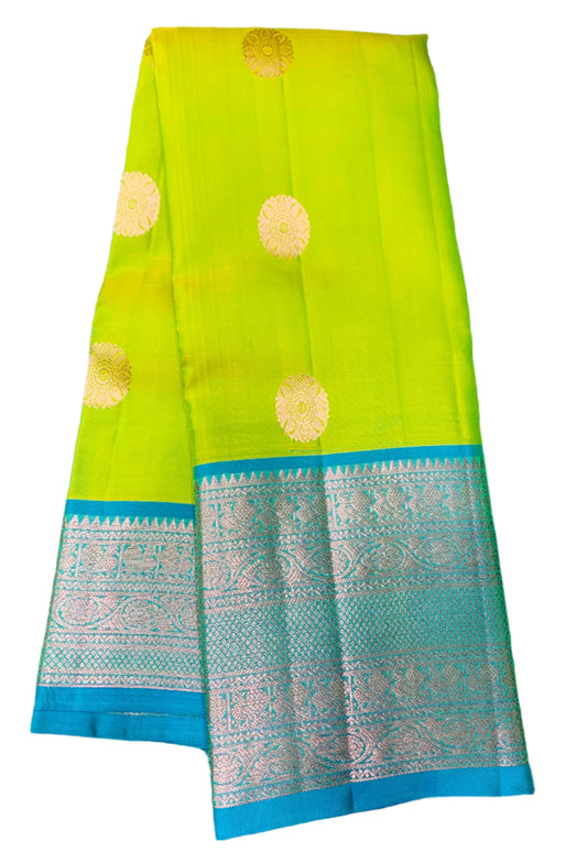 Pure Kanchipuram Silk Saree Apple Green Colour with Sky Blue Border