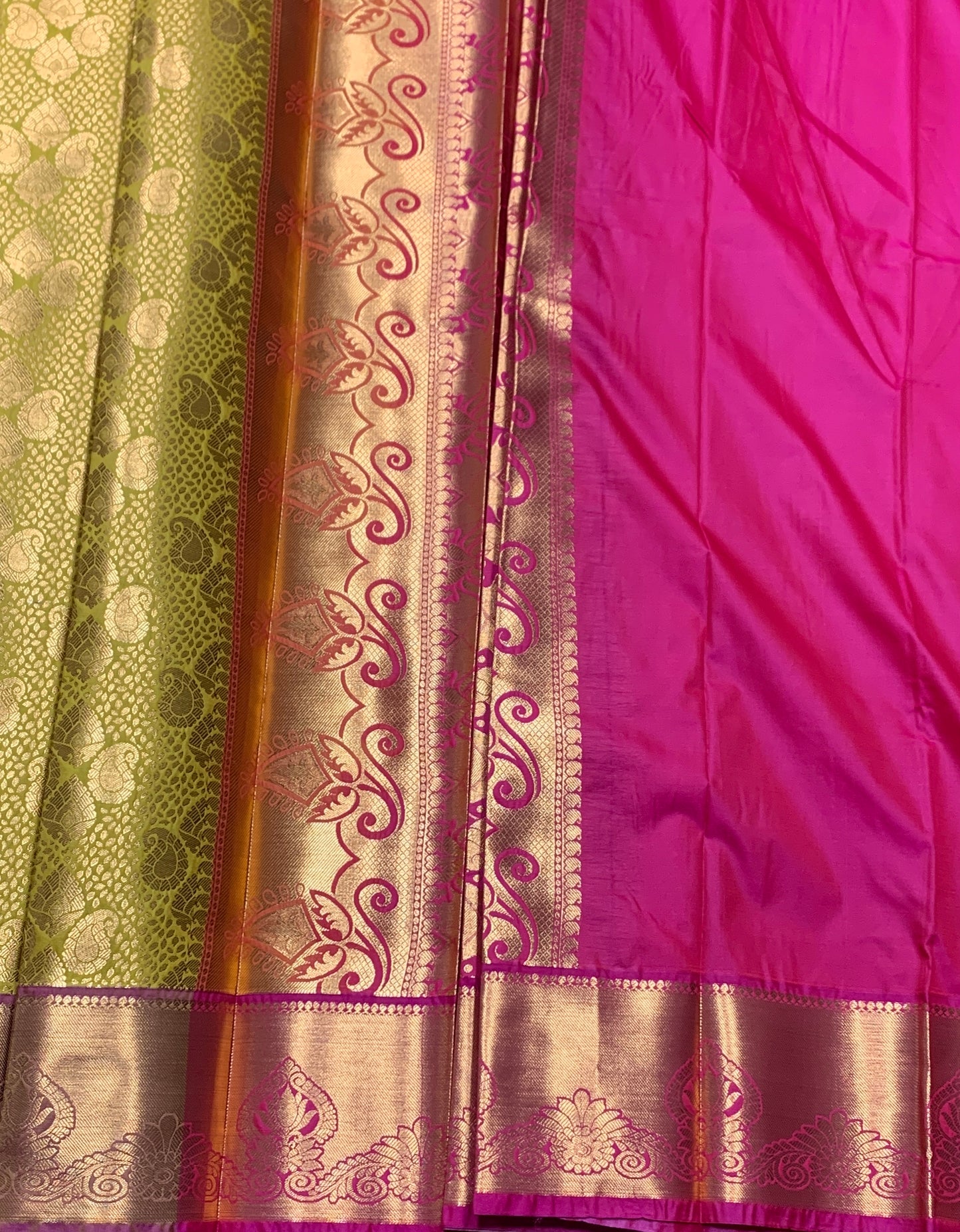 Vegan Silk Saree Lime Green Colour with Copper and Pink Border