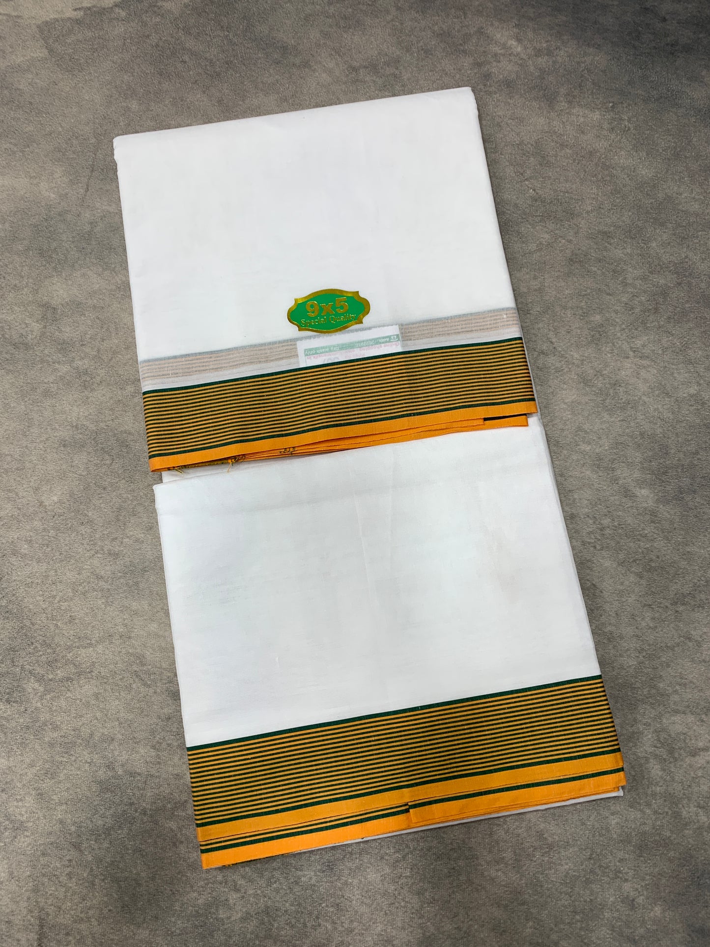 9X5 Cotton Dhoti White Colour with Green and Yellow Border