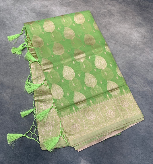 Banaras Katan Saree Apple Green Colour with Katan Work Border