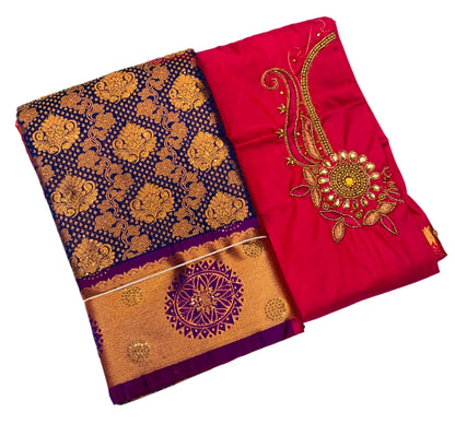 Bridal Vegan Silk Saree Violet shade with Pink Border with Unstitched blouse in Aari work