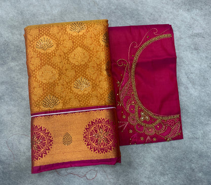 Bridal Vegan Silk Saree Golden Yellow shade with Pink Border with Unstitched blouse in Aari Work