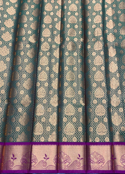 Vegan Silk Saree Olive Green Colour with Pink and Copper Border